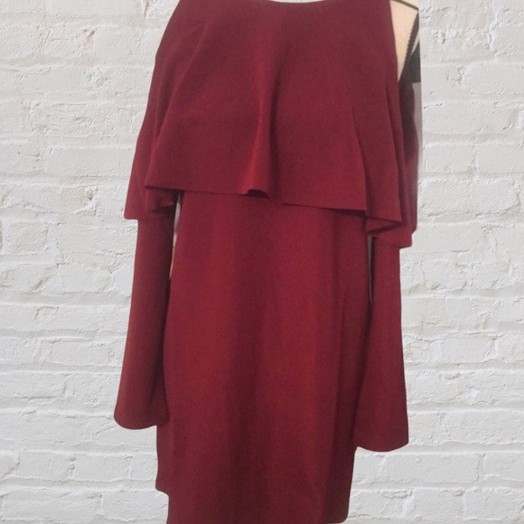 WINE COLD SHOULDER RUFFLED CHEST OVERLAY DRESS - Picture 3 of 8